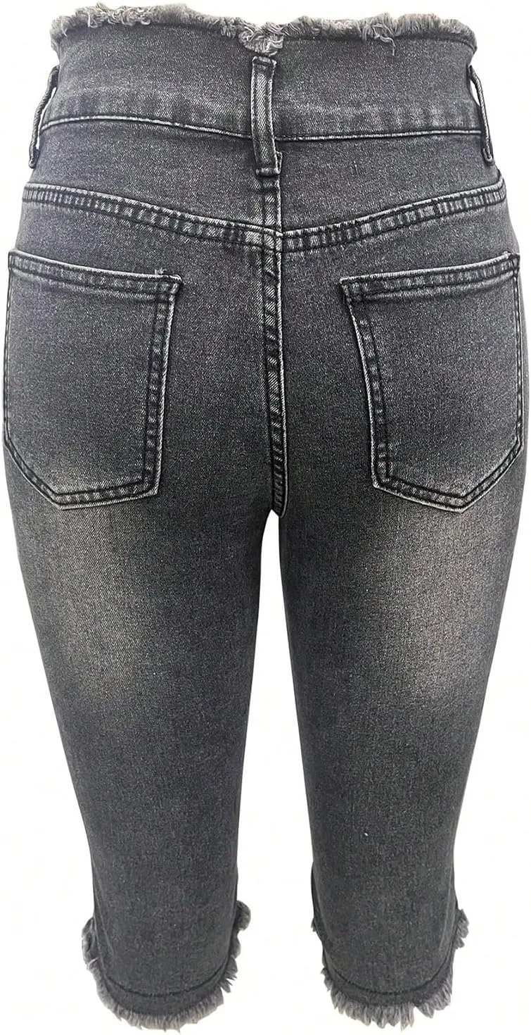 Jean Capris for Women Stretchy Ripped Skinny Jeans Trendy High Waisted Cropped Jeans Distressed Denim Capri Pants