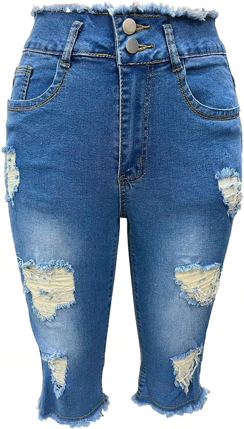 Jean Capris for Women Stretchy Ripped Skinny Jeans Trendy High Waisted Cropped Jeans Distressed Denim Capri Pants