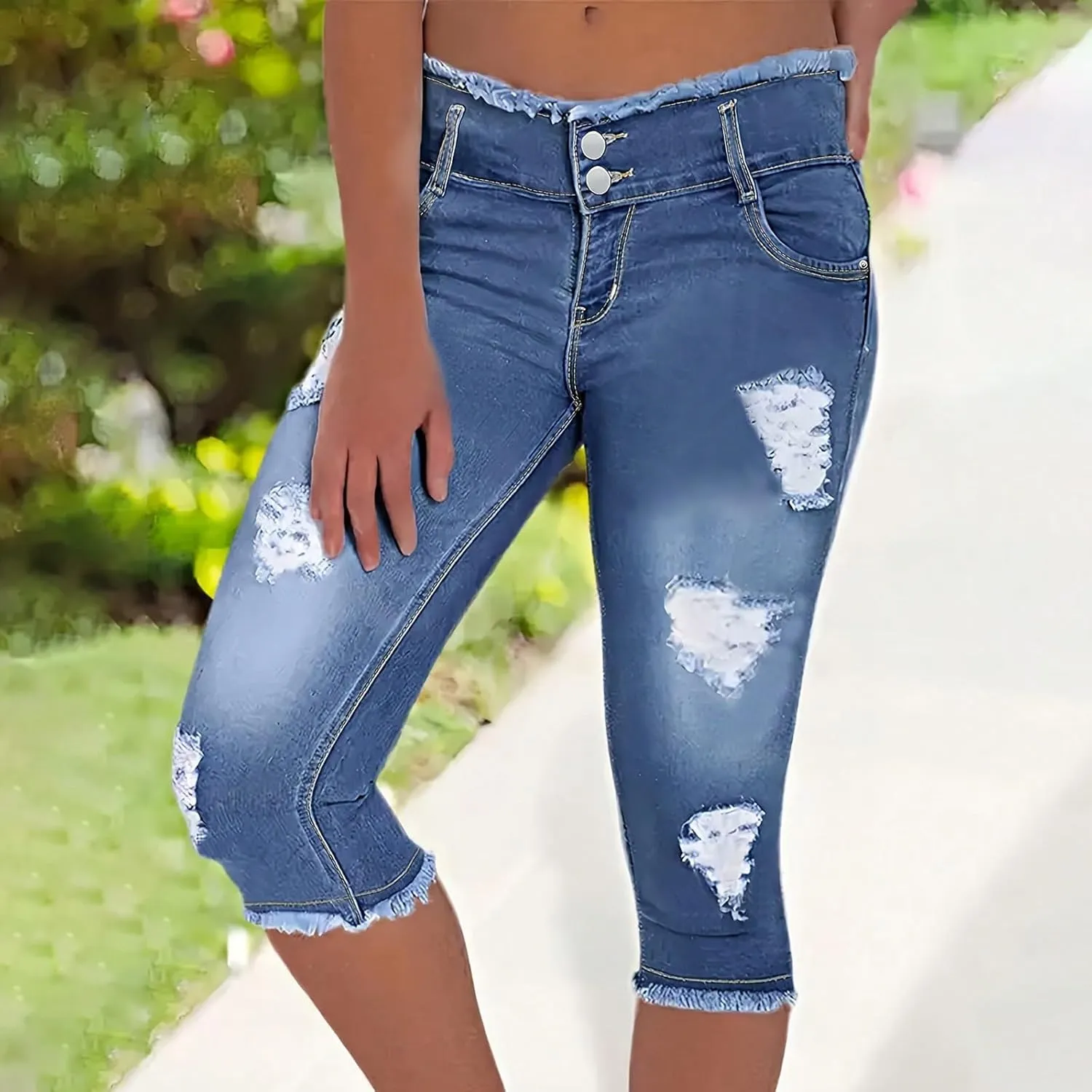 Jean Capris for Women Stretchy Ripped Skinny Jeans Trendy High Waisted Cropped Jeans Distressed Denim Capri Pants