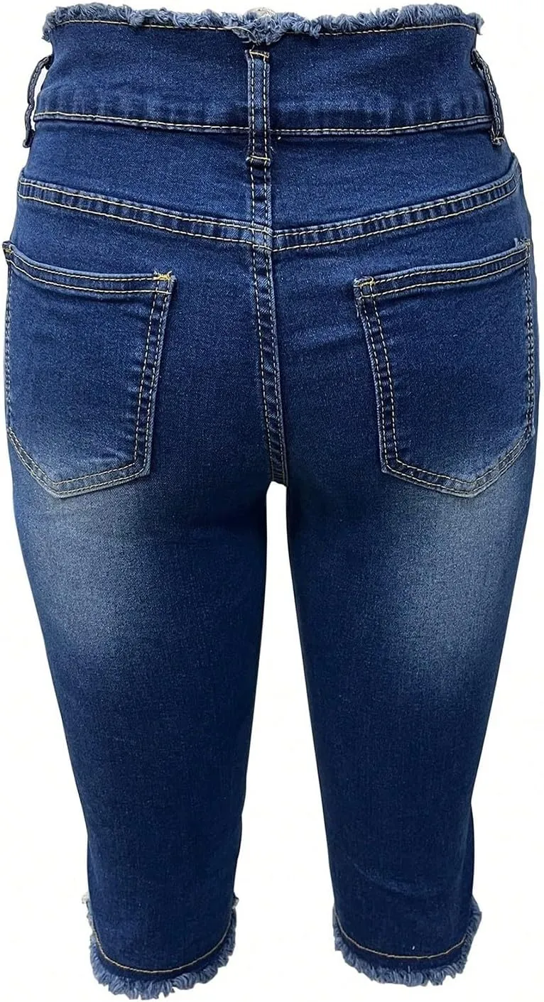 Jean Capris for Women Stretchy Ripped Skinny Jeans Trendy High Waisted Cropped Jeans Distressed Denim Capri Pants