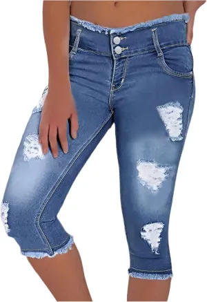 Jean Capris for Women Stretchy Ripped Skinny Jeans Trendy High Waisted Cropped Jeans Distressed Denim Capri Pants