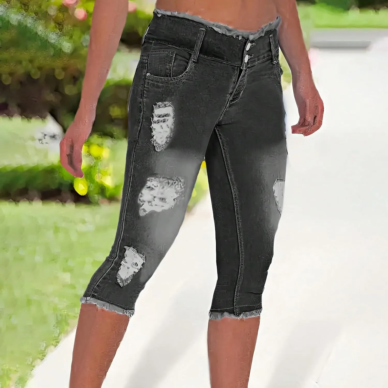 Jean Capris for Women Stretchy Ripped Skinny Jeans Trendy High Waisted Cropped Jeans Distressed Denim Capri Pants