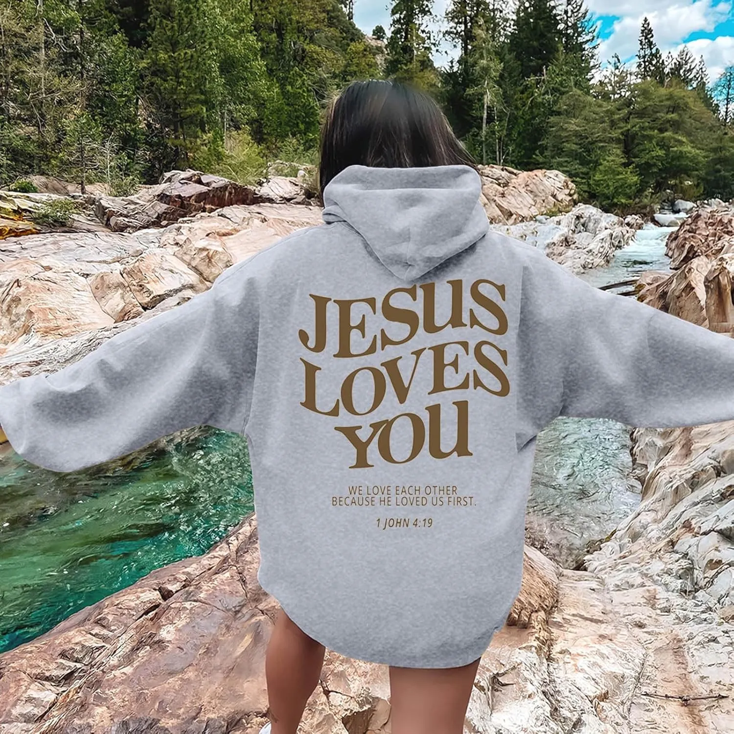 Jesus Loves You Hoodies For Women Oversized Letter Print Hooded Pullover Tops Casual Long Sleeve Sweatshirts Graphic Tunics