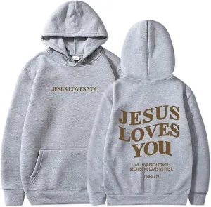 Jesus Loves You Hoodies For Women Oversized Letter Print Hooded Pullover Tops Casual Long Sleeve Sweatshirts Graphic Tunics