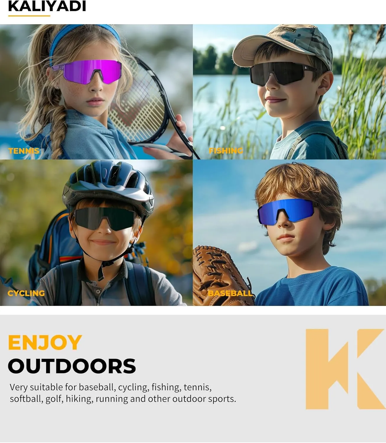 KALIYADI Polarized Youth Baseball-Sunglasses Kids-Sunglasses: Boys Girls Sports Cycling Running Age 3-12 UV400 Protection