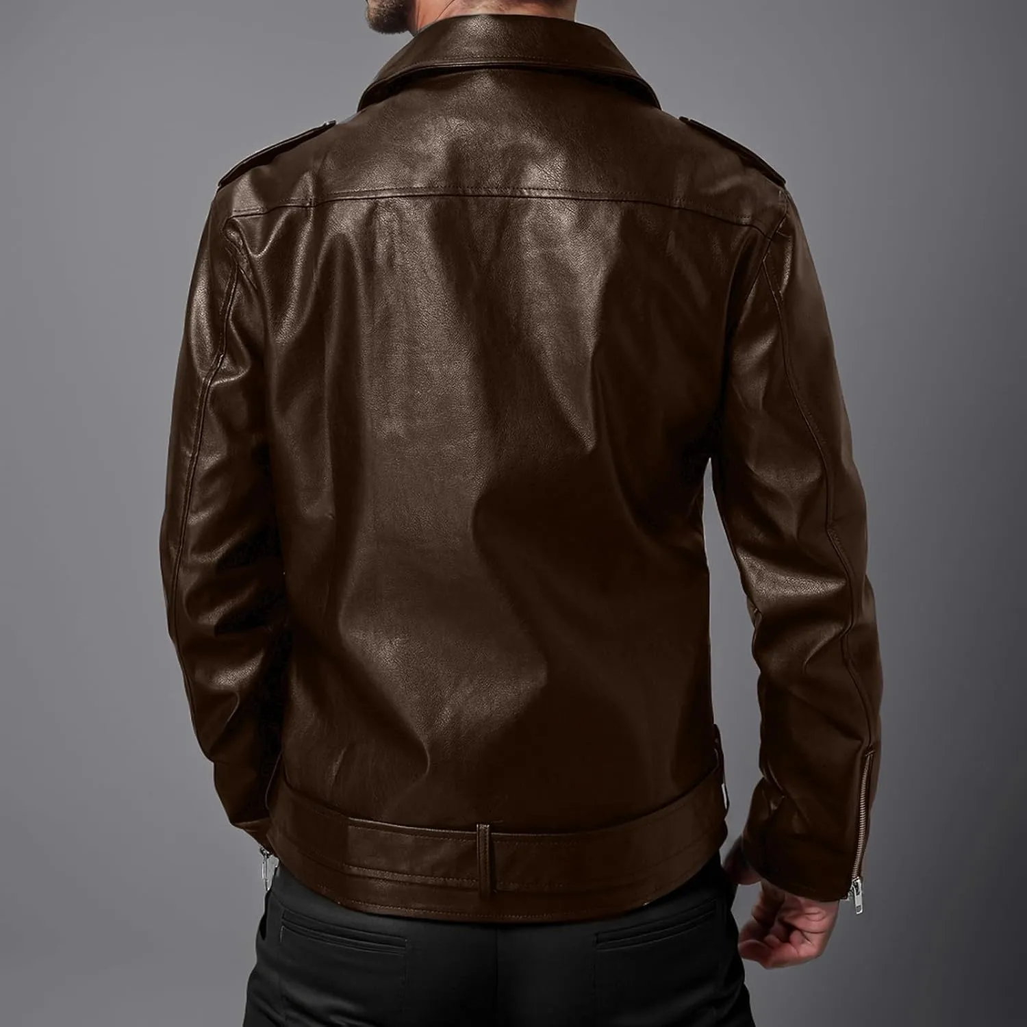 Leather Jackets for Men, Faux Bomber Jacket Mens Motorcycle Lapel Asymmetric Zip-Up Slim Fit Biker Coat with Pockets