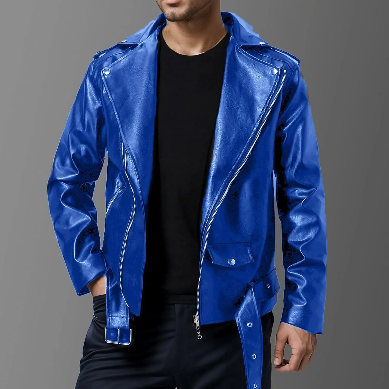 Leather Jackets for Men, Faux Bomber Jacket Mens Motorcycle Lapel Asymmetric Zip-Up Slim Fit Biker Coat with Pockets