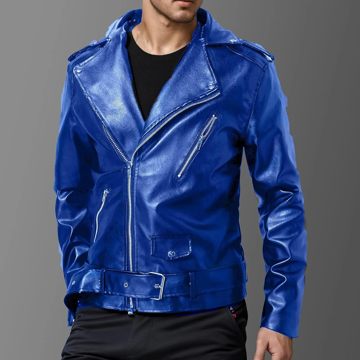 Leather Jackets for Men, Faux Bomber Jacket Mens Motorcycle Lapel Asymmetric Zip-Up Slim Fit Biker Coat with Pockets