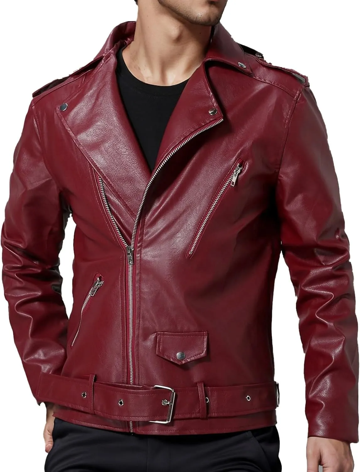 Leather Jackets for Men, Faux Bomber Jacket Mens Motorcycle Lapel Asymmetric Zip-Up Slim Fit Biker Coat with Pockets