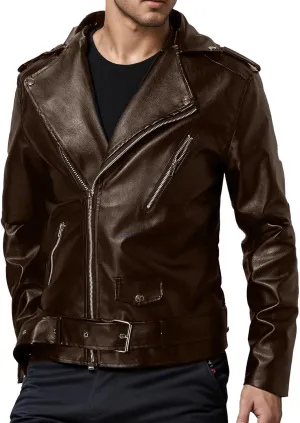 Leather Jackets for Men, Faux Bomber Jacket Mens Motorcycle Lapel Asymmetric Zip-Up Slim Fit Biker Coat with Pockets