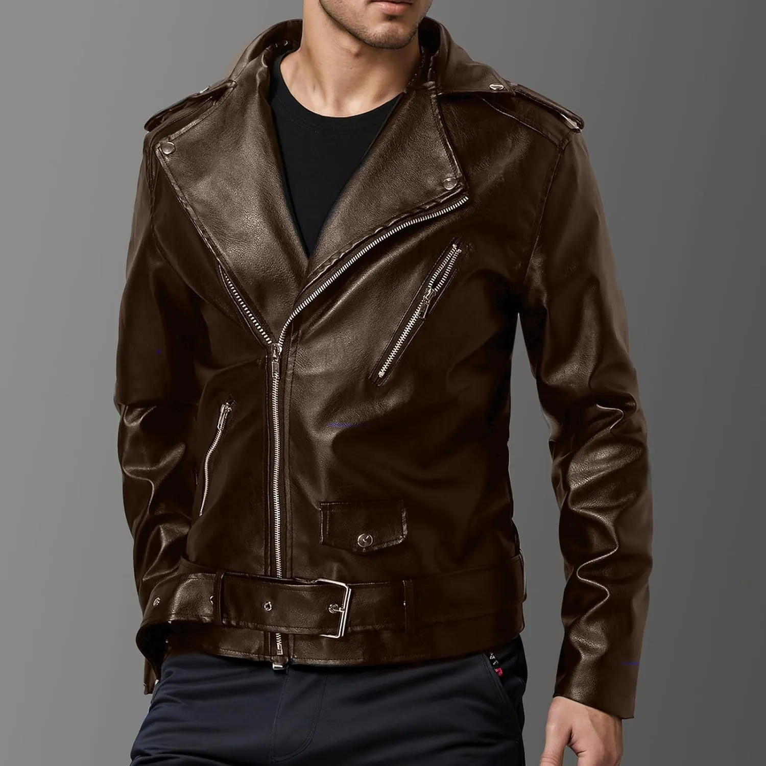 Leather Jackets for Men, Faux Bomber Jacket Mens Motorcycle Lapel Asymmetric Zip-Up Slim Fit Biker Coat with Pockets