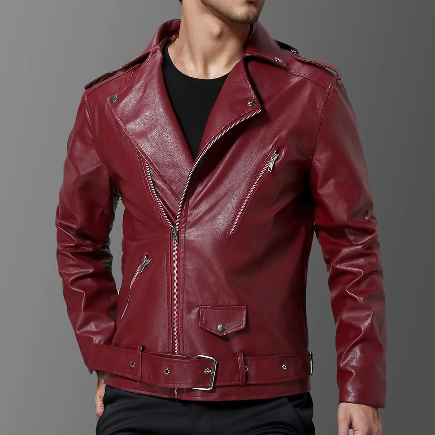 Leather Jackets for Men, Faux Bomber Jacket Mens Motorcycle Lapel Asymmetric Zip-Up Slim Fit Biker Coat with Pockets