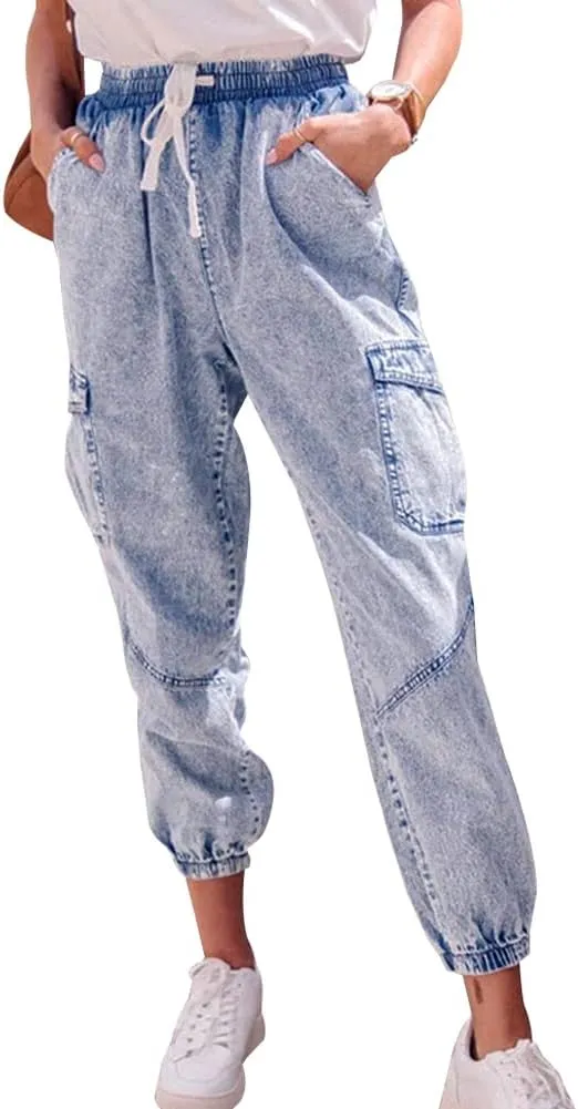 LONGYIDA Jean Joggers for Women High Waisted Drawstring Elastic Waist Stretch Denim Pants