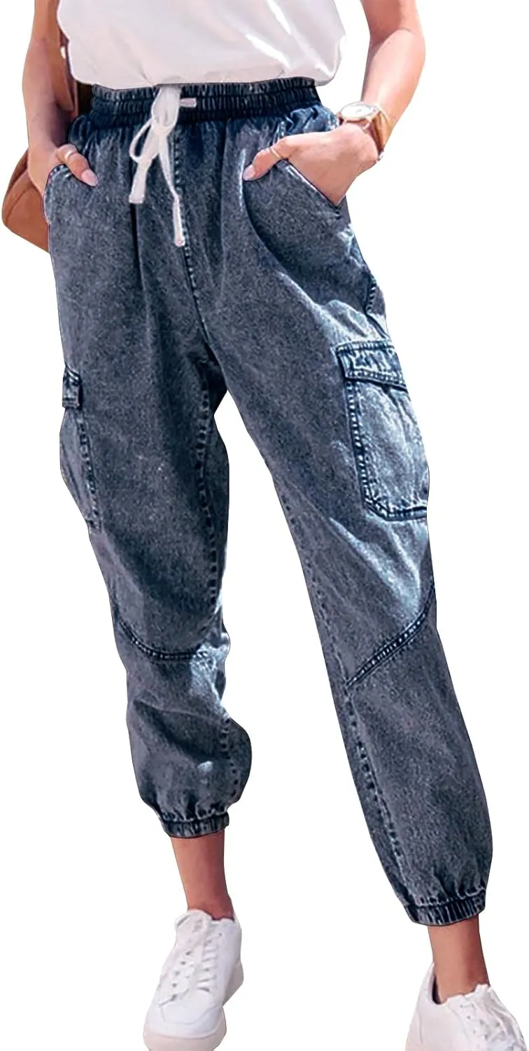 LONGYIDA Jean Joggers for Women High Waisted Drawstring Elastic Waist Stretch Denim Pants