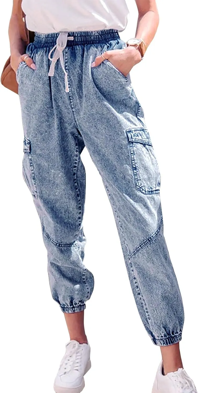 LONGYIDA Jean Joggers for Women High Waisted Drawstring Elastic Waist Stretch Denim Pants