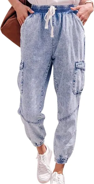 LONGYIDA Jean Joggers for Women High Waisted Drawstring Elastic Waist Stretch Denim Pants