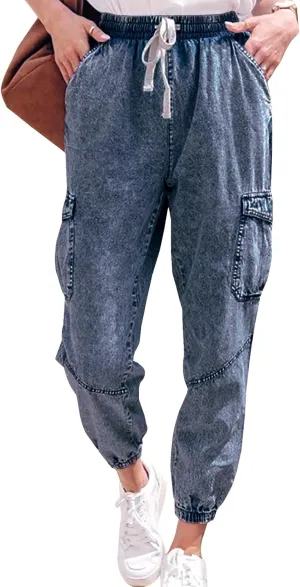 LONGYIDA Jean Joggers for Women High Waisted Drawstring Elastic Waist Stretch Denim Pants