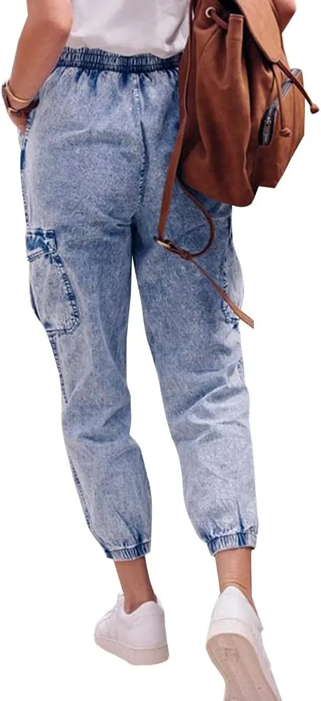 LONGYIDA Jean Joggers for Women High Waisted Drawstring Elastic Waist Stretch Denim Pants