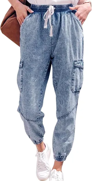 LONGYIDA Jean Joggers for Women High Waisted Drawstring Elastic Waist Stretch Denim Pants
