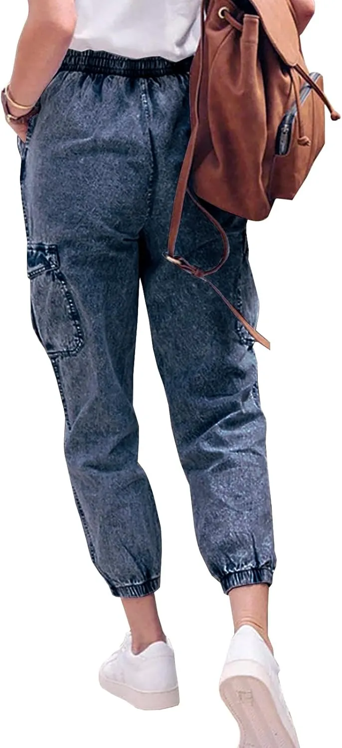 LONGYIDA Jean Joggers for Women High Waisted Drawstring Elastic Waist Stretch Denim Pants