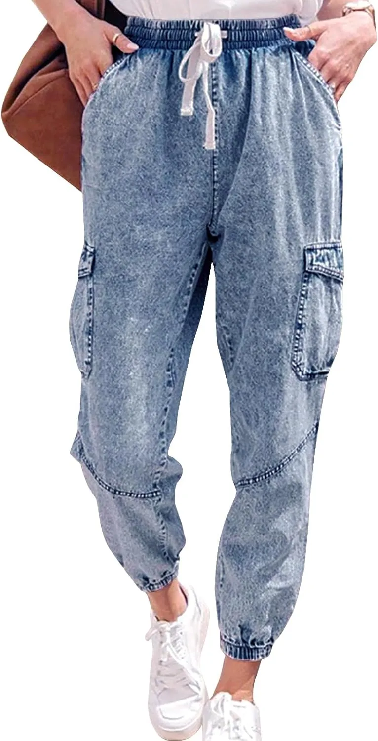 LONGYIDA Jean Joggers for Women High Waisted Drawstring Elastic Waist Stretch Denim Pants