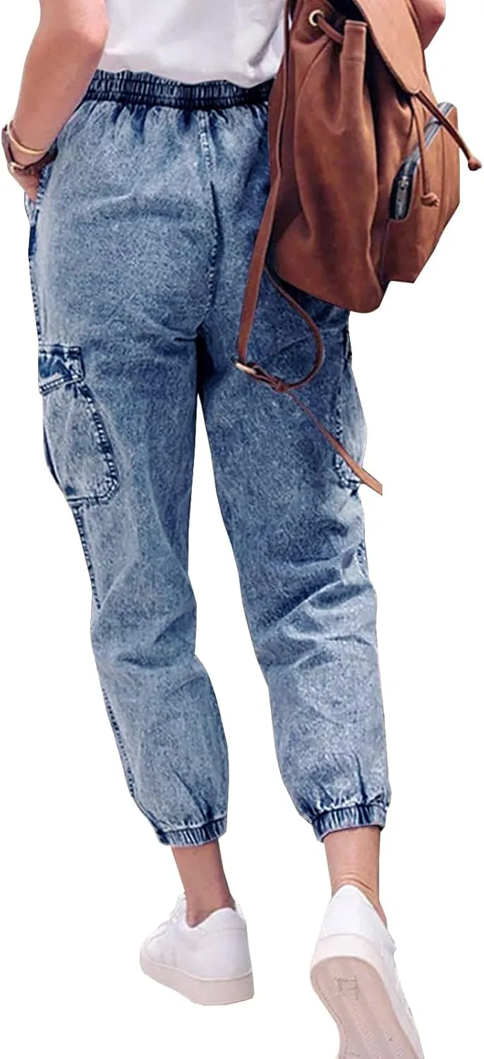 LONGYIDA Jean Joggers for Women High Waisted Drawstring Elastic Waist Stretch Denim Pants