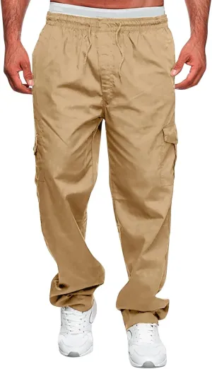 Male Versatile All Season Cargo Pants Multi Pocket Zip Button Hem Solid Color Plus Relaxed fit Cargo Trousers for