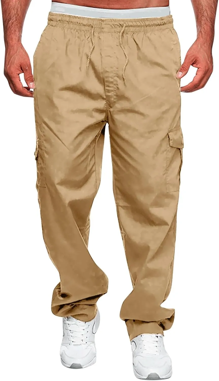 Male Versatile All Season Cargo Pants Multi Pocket Zip Button Hem Solid Color Plus Relaxed fit Cargo Trousers for
