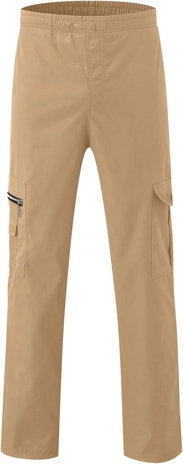 Male Versatile All Season Cargo Pants Multi Pocket Zip Button Hem Solid Color Plus Relaxed fit Cargo Trousers for