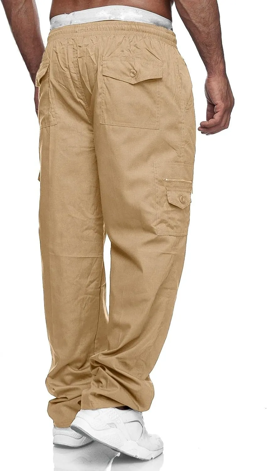 Male Versatile All Season Cargo Pants Multi Pocket Zip Button Hem Solid Color Plus Relaxed fit Cargo Trousers for