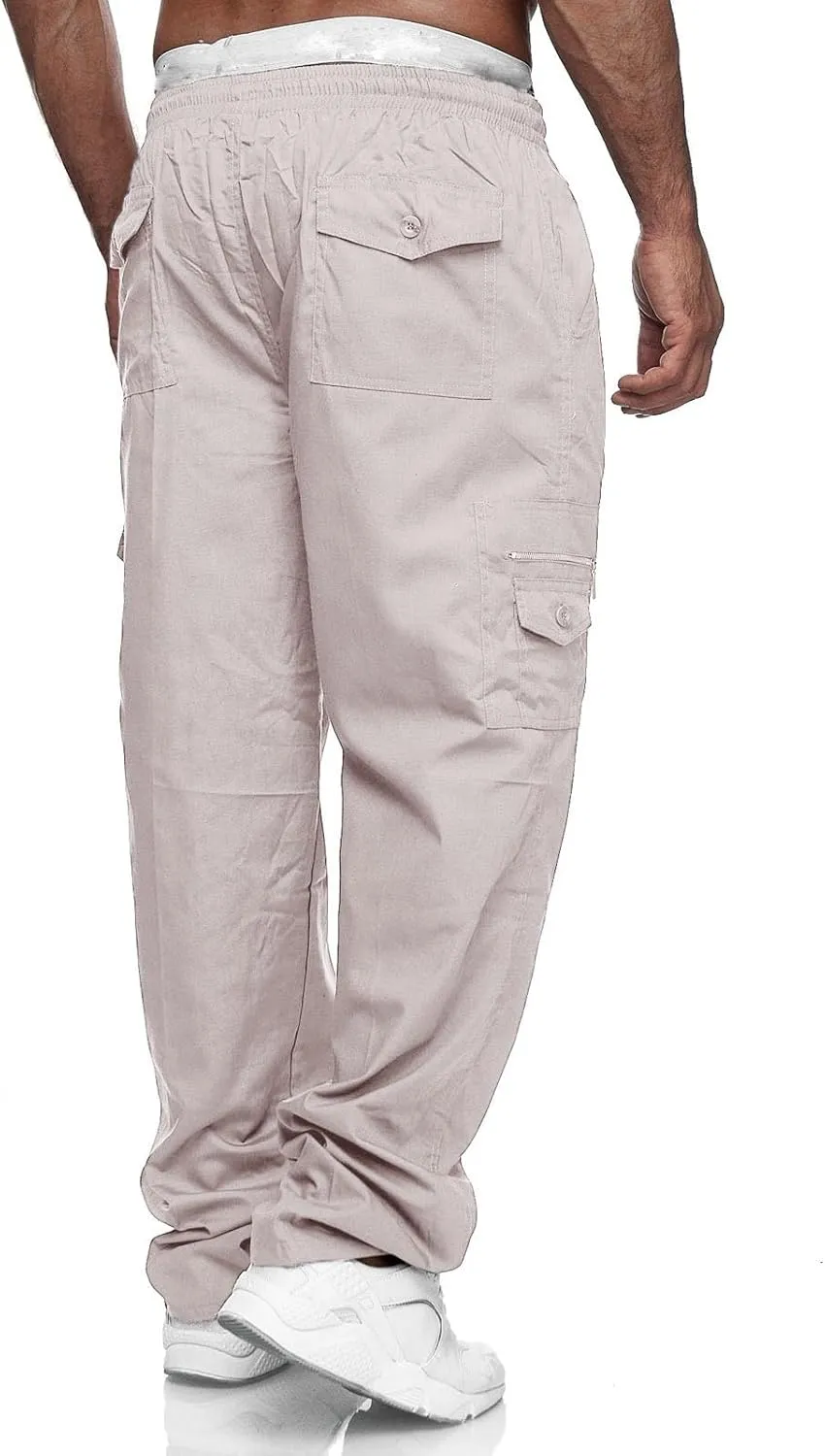 Male Versatile All Season Cargo Pants Multi Pocket Zip Button Hem Solid Color Plus Relaxed fit Cargo Trousers for