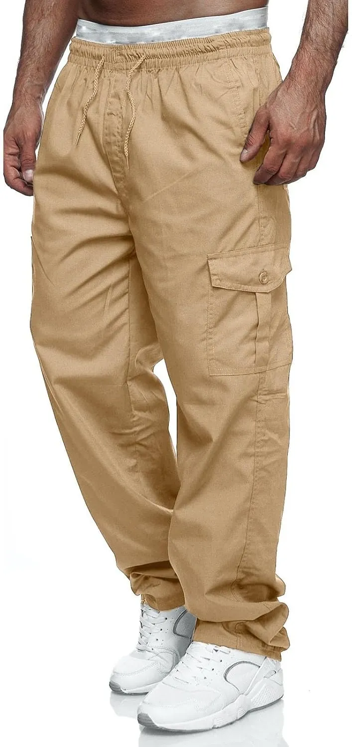 Male Versatile All Season Cargo Pants Multi Pocket Zip Button Hem Solid Color Plus Relaxed fit Cargo Trousers for