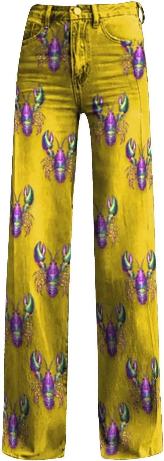 Mardi Gras Jeans for Women 2024 Flare Jeans Wide Leg Baggy Pants High Waisted Flared Denim Trouser Vintage Jeans