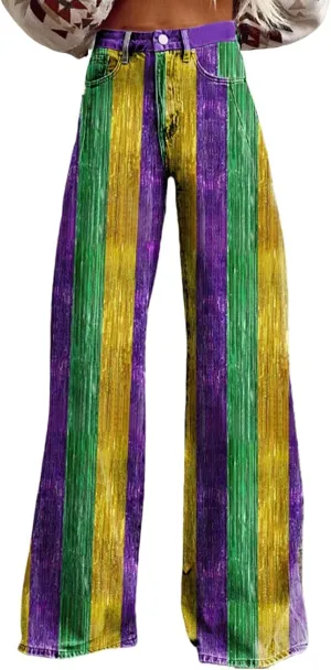 Mardi Gras Jeans for Women 2024 Flare Jeans Wide Leg Baggy Pants High Waisted Flared Denim Trouser Vintage Jeans