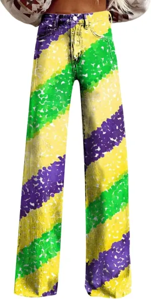 Mardi Gras Jeans for Women 2024 Flare Jeans Wide Leg Baggy Pants High Waisted Flared Denim Trouser Vintage Jeans