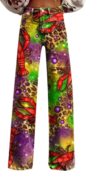Mardi Gras Jeans for Women 2024 Flare Jeans Wide Leg Baggy Pants High Waisted Flared Denim Trouser Vintage Jeans