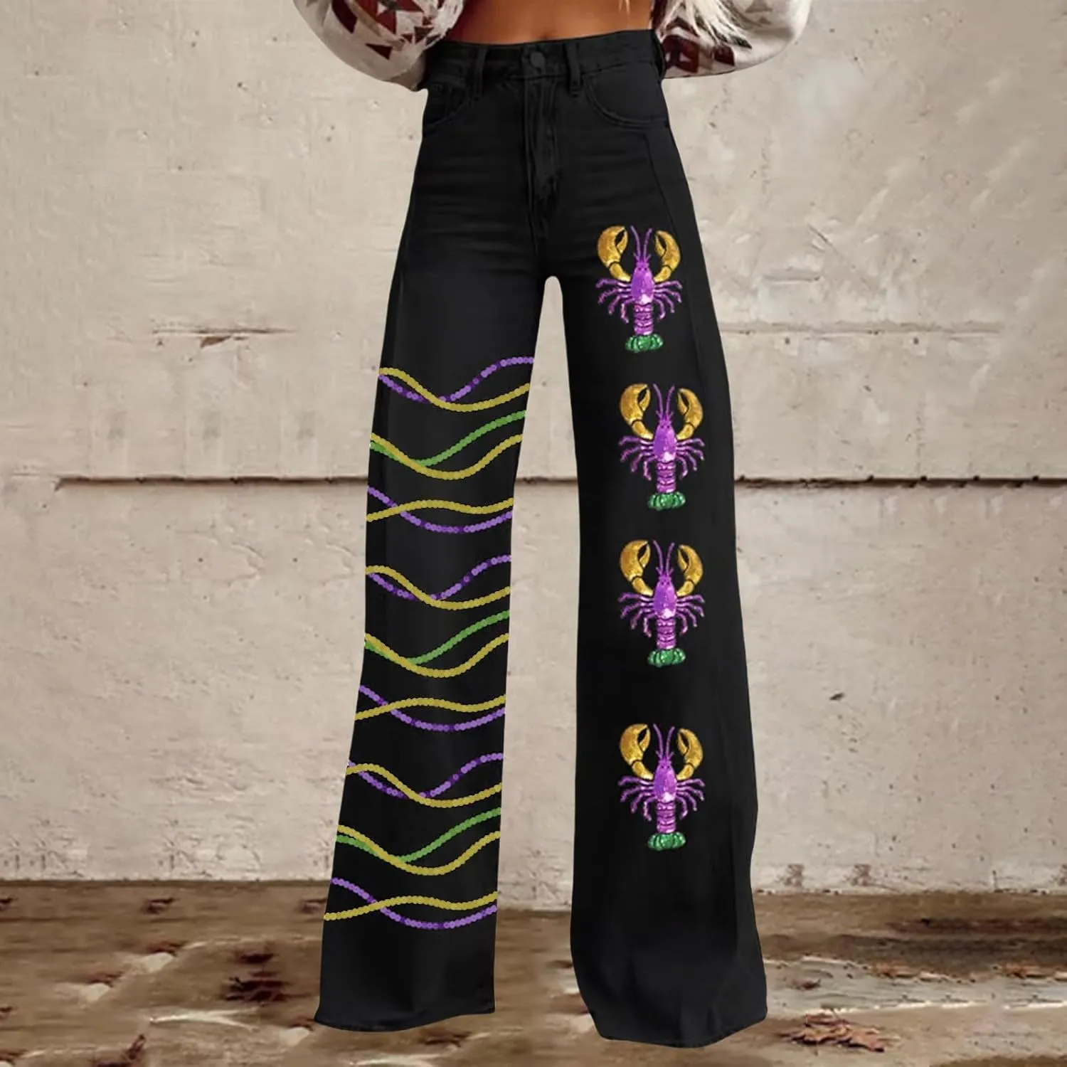 Mardi Gras Jeans for Women 2024 Flare Jeans Wide Leg Baggy Pants High Waisted Flared Denim Trouser Vintage Jeans