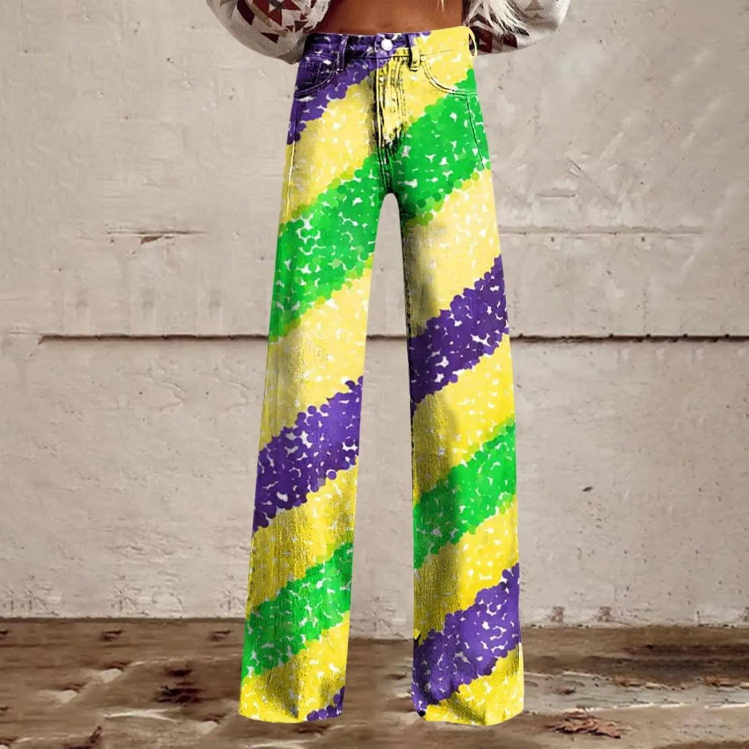 Mardi Gras Jeans for Women 2024 Flare Jeans Wide Leg Baggy Pants High Waisted Flared Denim Trouser Vintage Jeans