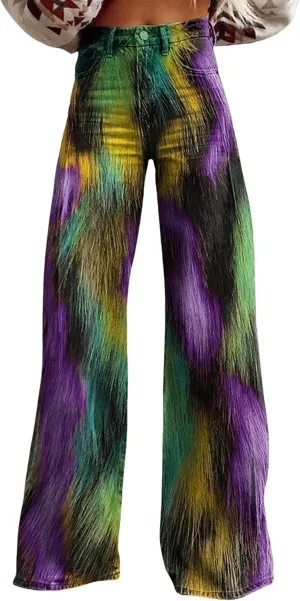 Mardi Gras Jeans for Women 2024 Flare Jeans Wide Leg Baggy Pants High Waisted Flared Denim Trouser Vintage Jeans