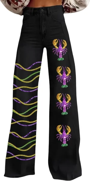 Mardi Gras Jeans for Women 2024 Flare Jeans Wide Leg Baggy Pants High Waisted Flared Denim Trouser Vintage Jeans