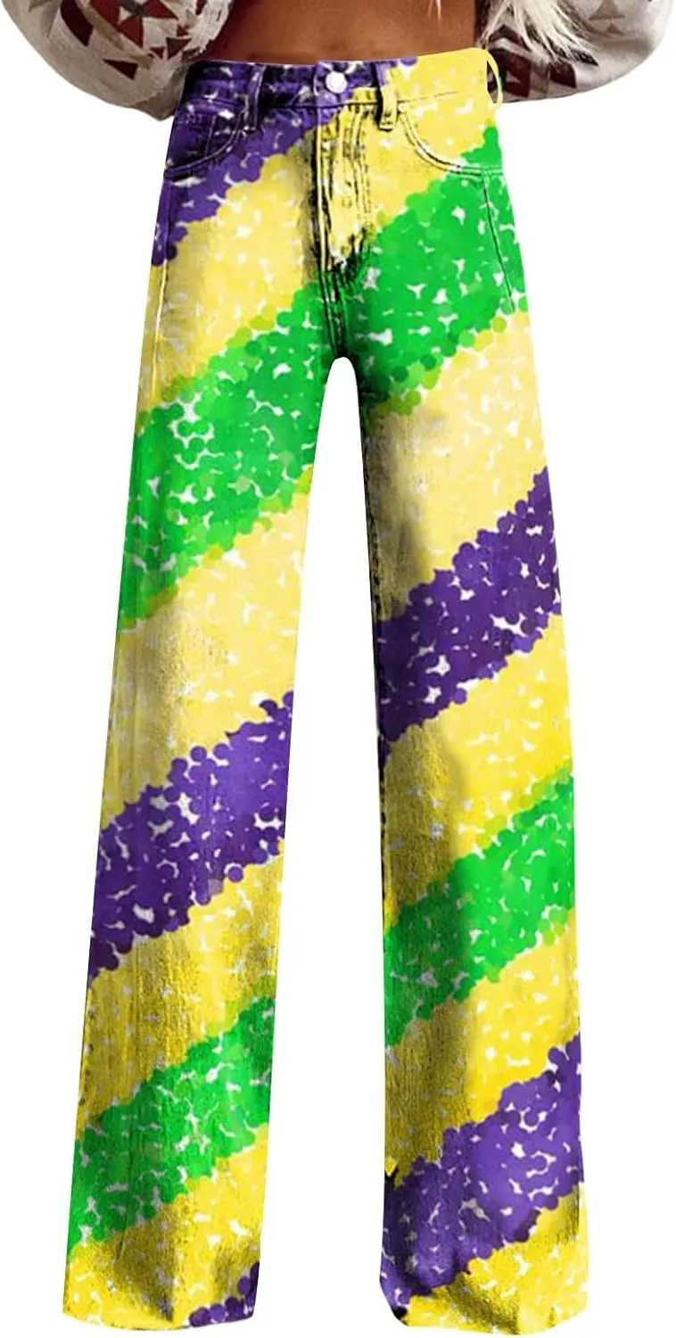 Mardi Gras Jeans for Women 2024 Flare Jeans Wide Leg Baggy Pants High Waisted Flared Denim Trouser Vintage Jeans