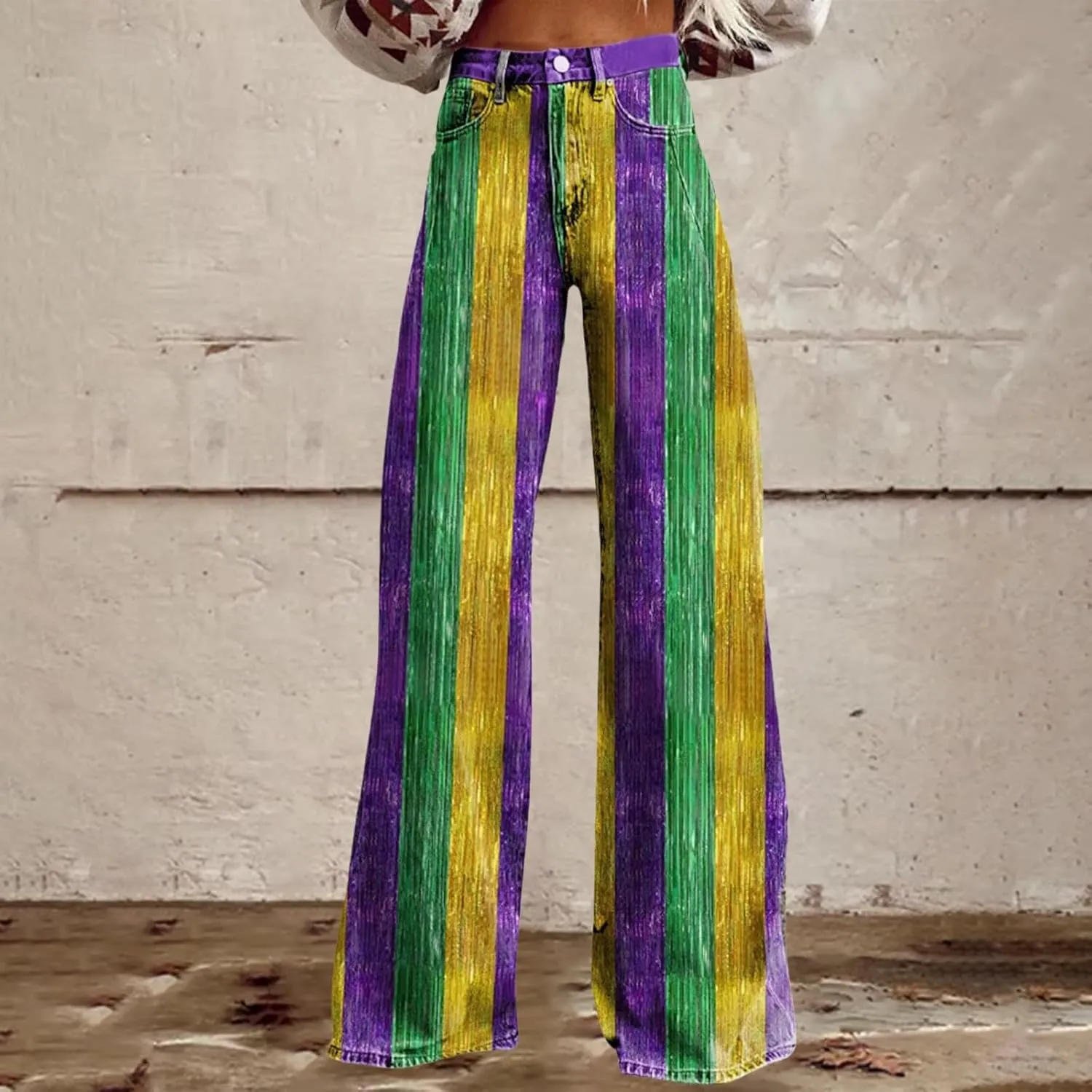 Mardi Gras Jeans for Women 2024 Flare Jeans Wide Leg Baggy Pants High Waisted Flared Denim Trouser Vintage Jeans