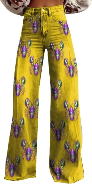 Mardi Gras Jeans for Women 2024 Flare Jeans Wide Leg Baggy Pants High Waisted Flared Denim Trouser Vintage Jeans