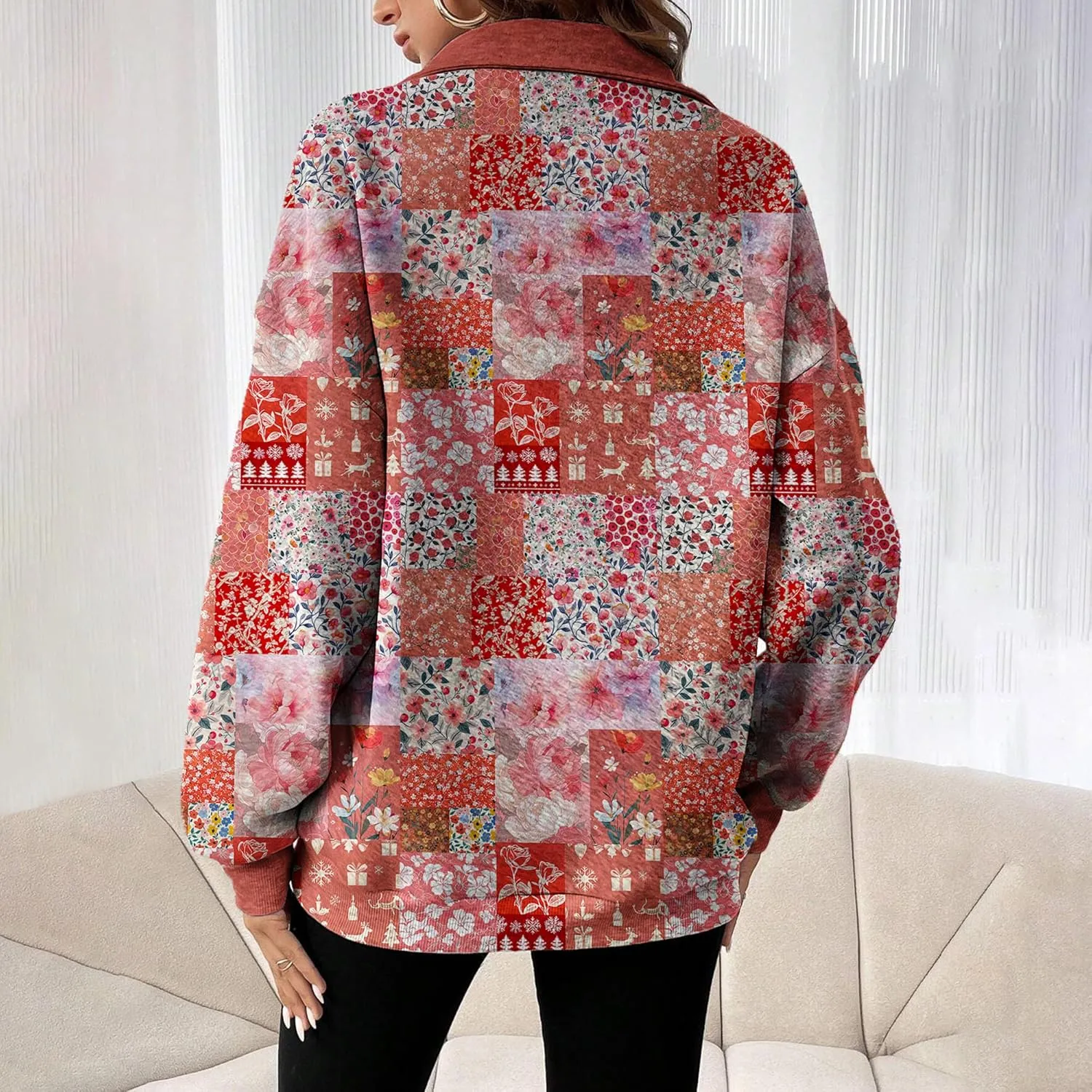 MARSVOVO Patchwork Quarter Zip Pullover Women Trendy Collar Sweatshirt Casual Slim Fit Spring Fall Long Sleeve Shirts