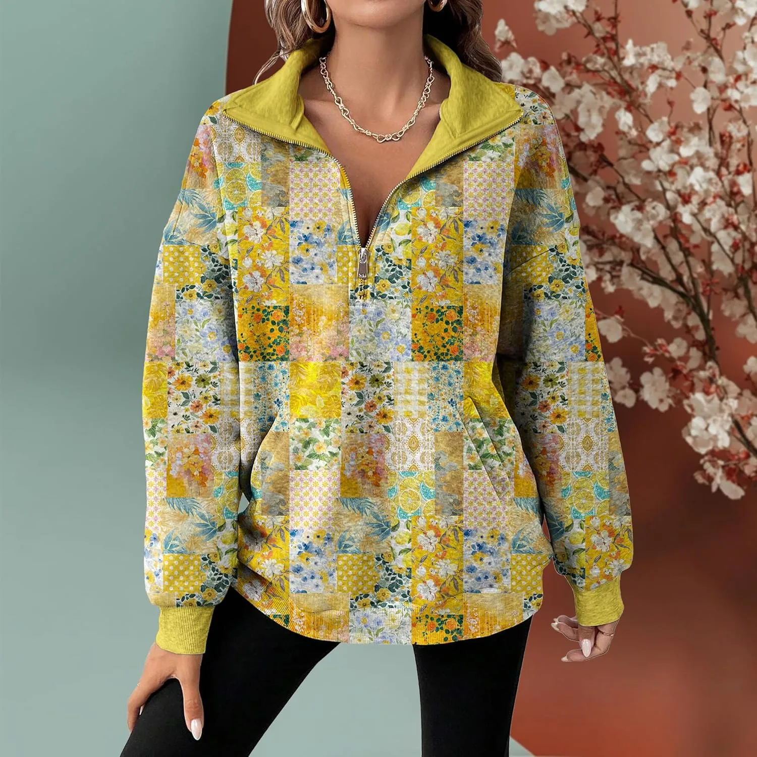 MARSVOVO Patchwork Quarter Zip Pullover Women Trendy Collar Sweatshirt Casual Slim Fit Spring Fall Long Sleeve Shirts