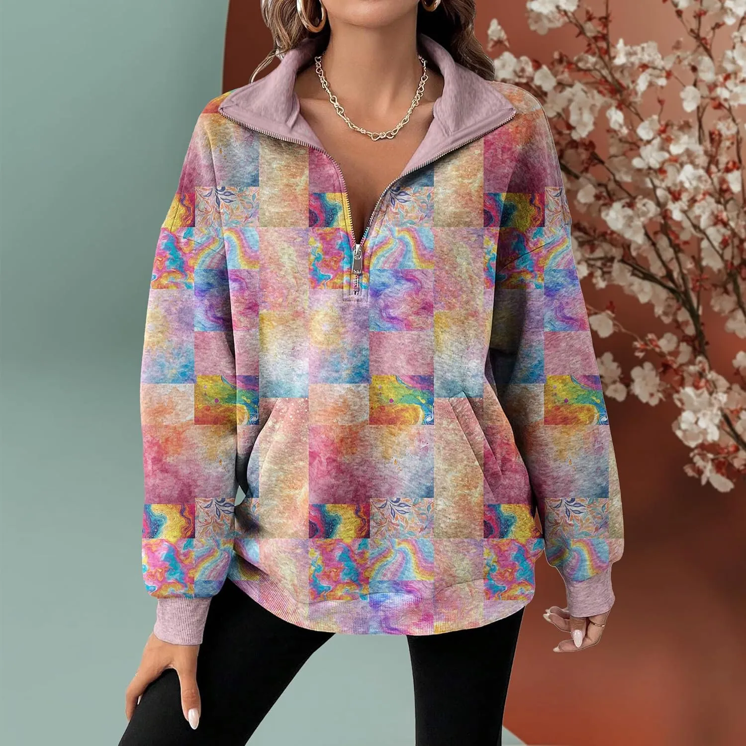 MARSVOVO Patchwork Quarter Zip Pullover Women Trendy Collar Sweatshirt Casual Slim Fit Spring Fall Long Sleeve Shirts