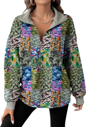 MARSVOVO Patchwork Quarter Zip Pullover Women Trendy Collar Sweatshirt Casual Slim Fit Spring Fall Long Sleeve Shirts
