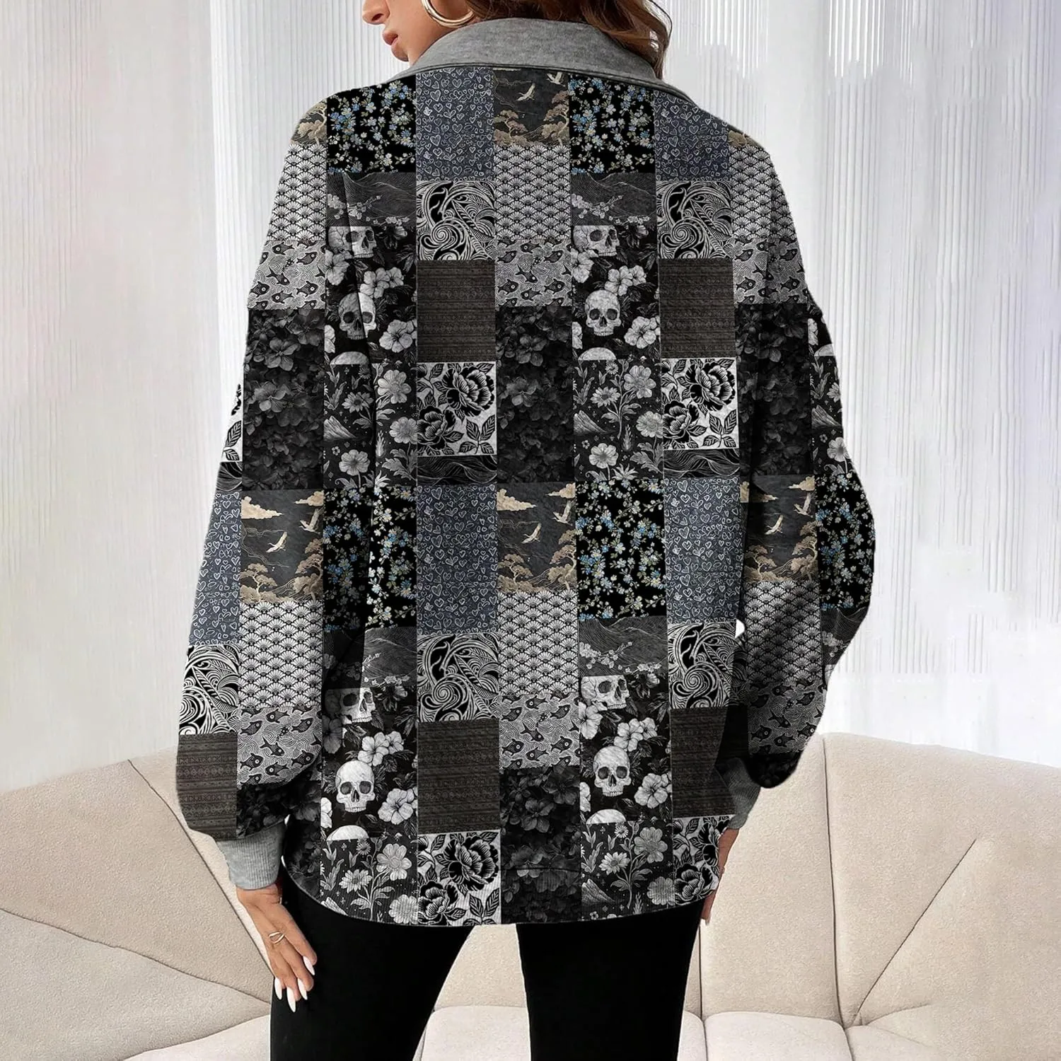 MARSVOVO Patchwork Quarter Zip Pullover Women Trendy Collar Sweatshirt Casual Slim Fit Spring Fall Long Sleeve Shirts