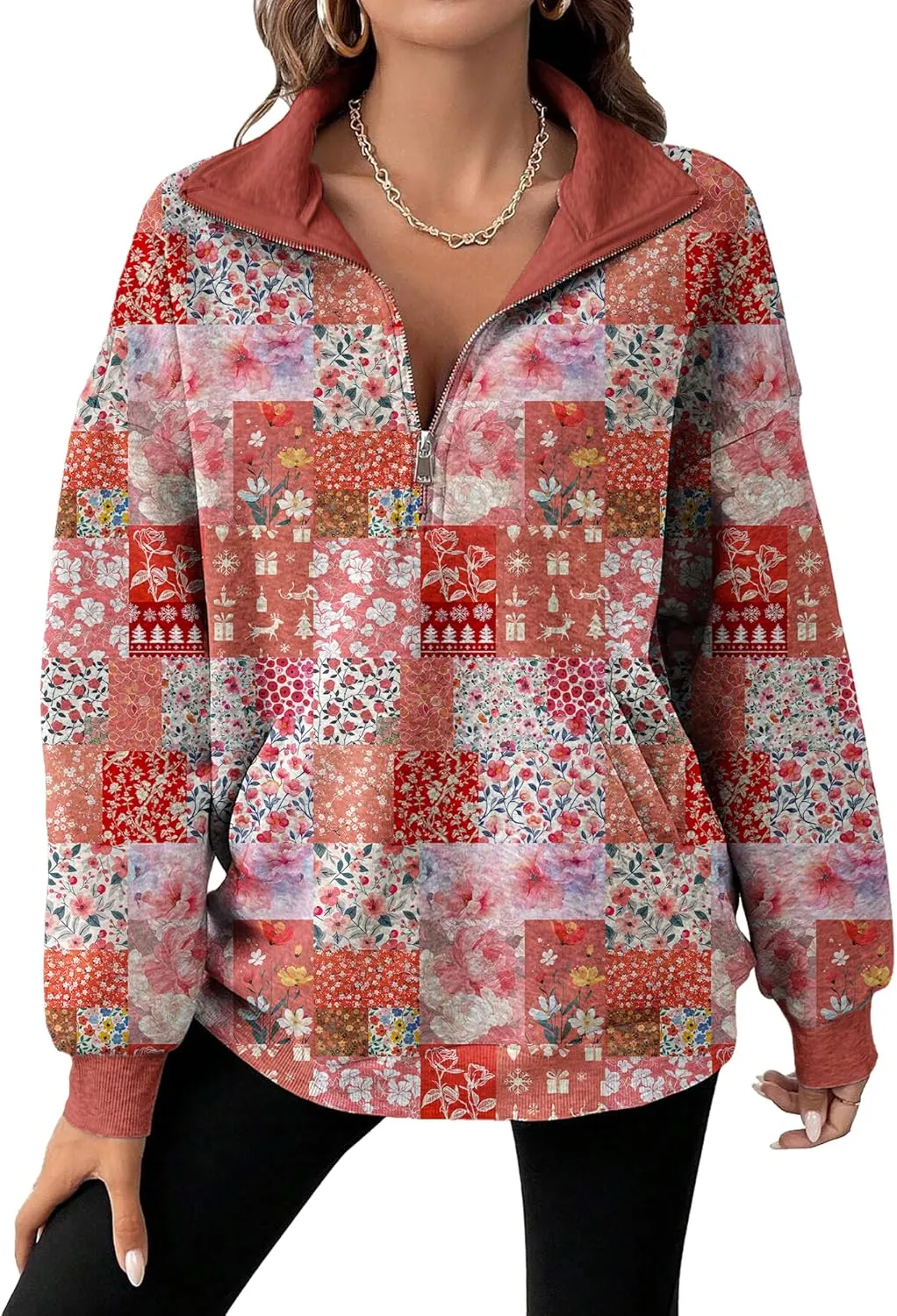MARSVOVO Patchwork Quarter Zip Pullover Women Trendy Collar Sweatshirt Casual Slim Fit Spring Fall Long Sleeve Shirts