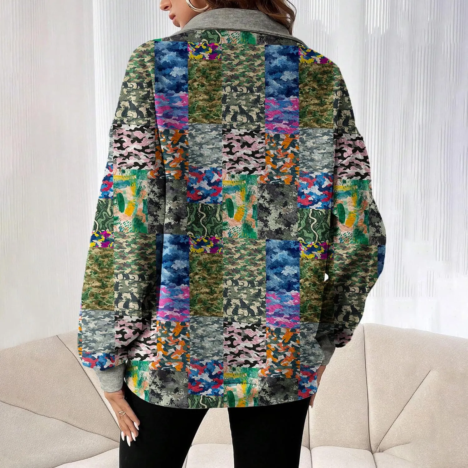 MARSVOVO Patchwork Quarter Zip Pullover Women Trendy Collar Sweatshirt Casual Slim Fit Spring Fall Long Sleeve Shirts